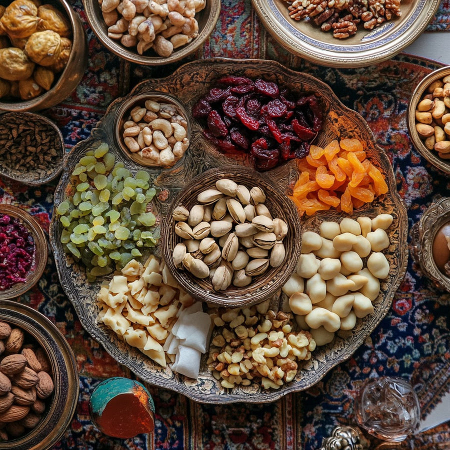 Assorted nuts and dried fruits including pistachios arranged in bowls on a decorative tray