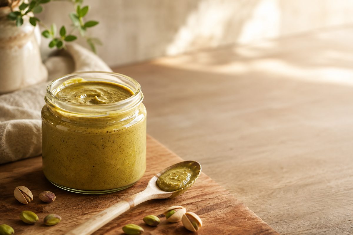 Jar of small-batch pistachio butter with pistachios and a spoonful of spread, highlighting the handcrafted process from ingredient to jar.