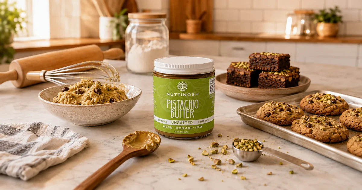 Open jar of pistachio butter with cookie dough, chopped pistachios, brownies, and baking tools on a kitchen counter. 