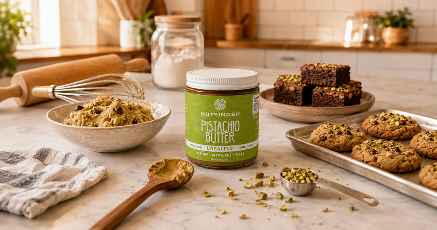 Open jar of pistachio butter with cookie dough, chopped pistachios, brownies, and baking tools on a kitchen counter. 