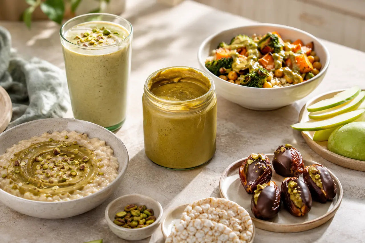Open jar of pistachio butter surrounded by oatmeal, smoothie ingredients, fruit, and simple snack pairings.