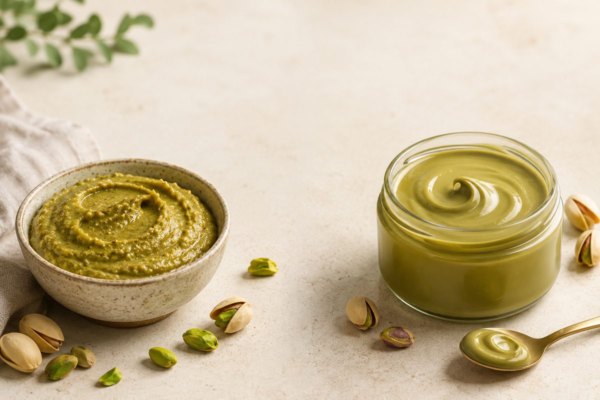 Open jars and spoonfuls of pistachio butter and pistachio cream shown side by side to compare texture, color, and consistency.