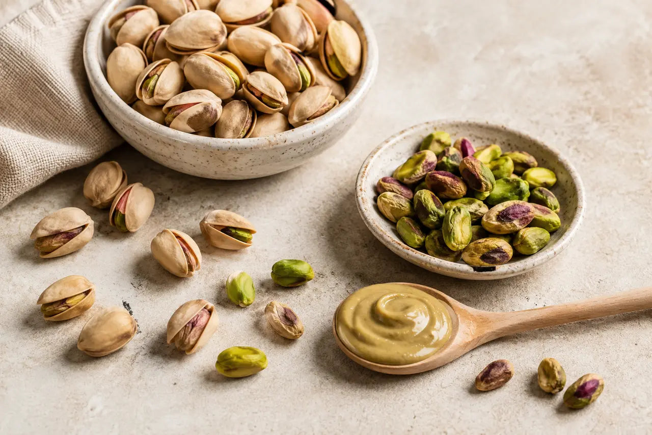 Pistachios in shell and shelled pistachios arranged beside a spoonful of pistachio butter on a light surface.