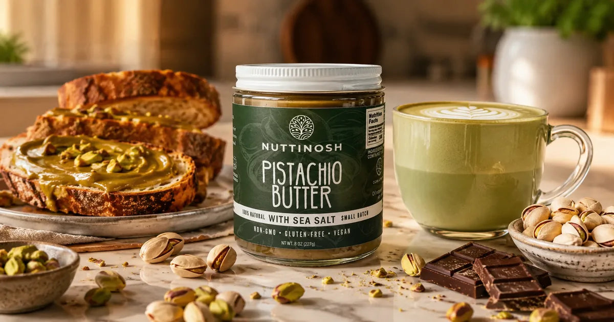 Open jar of pistachio butter with toast, pistachios, chocolate, and a pistachio latte on a warm kitchen counter. 
