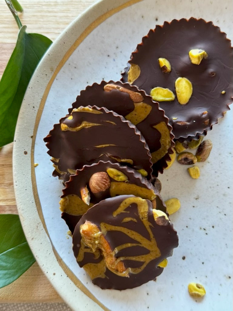 Crunchy chocolate pistachio treats with real pistachios on top
