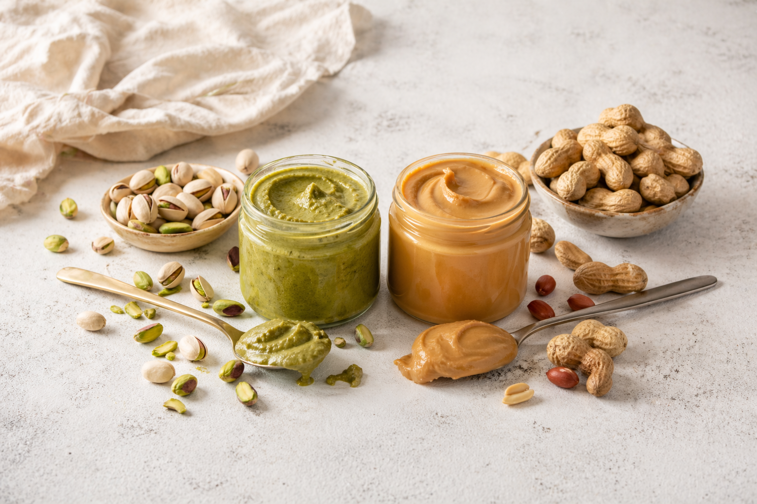 Pistachio butter and peanut butter shown side by side in jars and spoonfuls, highlighting differences in color, texture, and overall appearance.