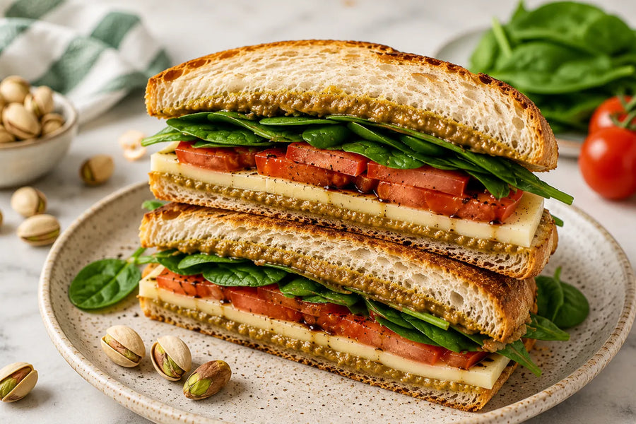 Savory pistachio butter sandwich with tomato, spinach, provolone, and toasted bread.
