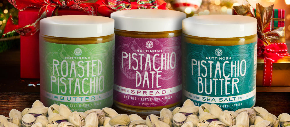 3 8 oz. jars of pistachio nut butter with holiday background