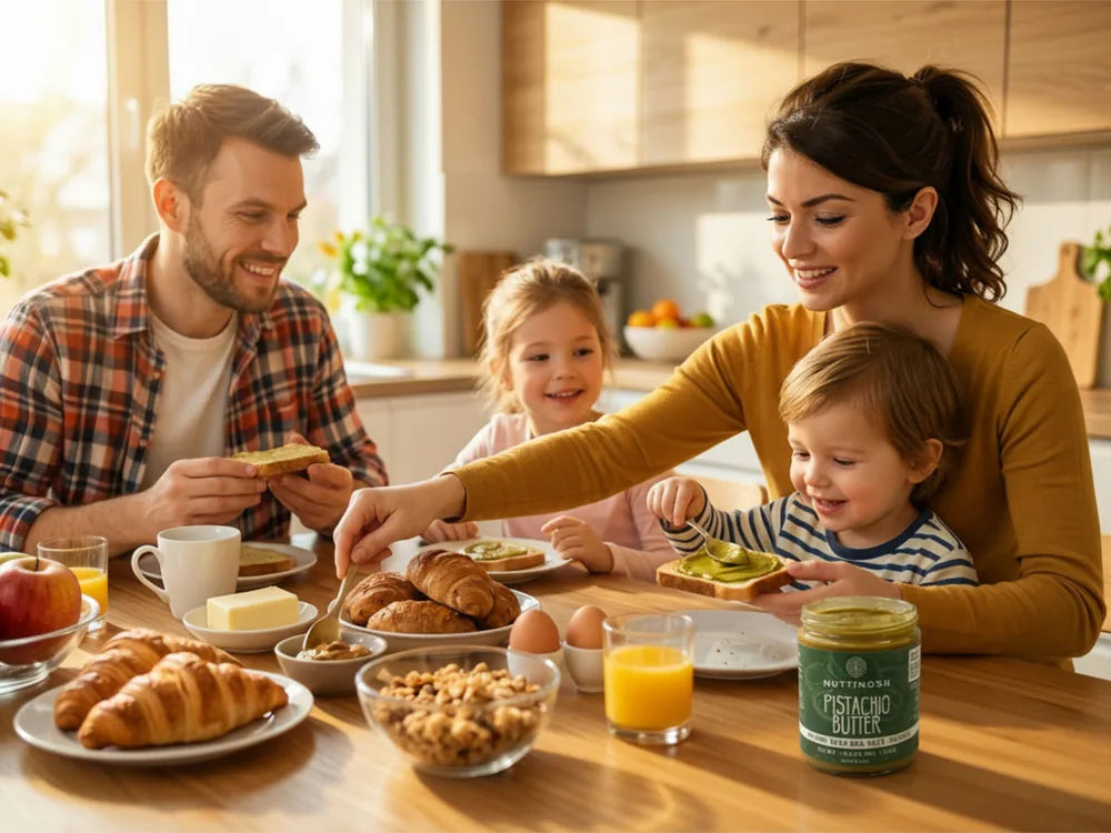 Family enjoying breakfast with Nuttinosh pistachio butter at the table
