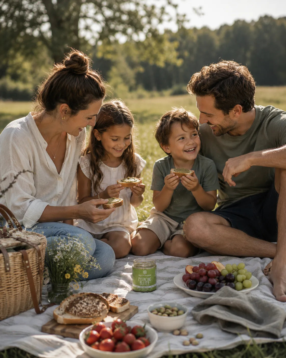 Family enjoying Nuttinosh roasted pistachio butter during an outdoor picnic
