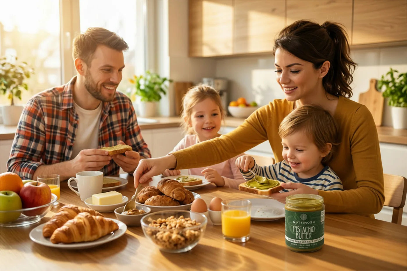 Family enjoying breakfast with Nuttinosh sea salt pistachio butter at the table