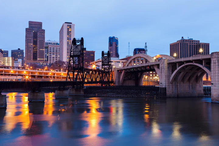 Downtown Saint Paul, Minnesota skyline reflected on the water at night