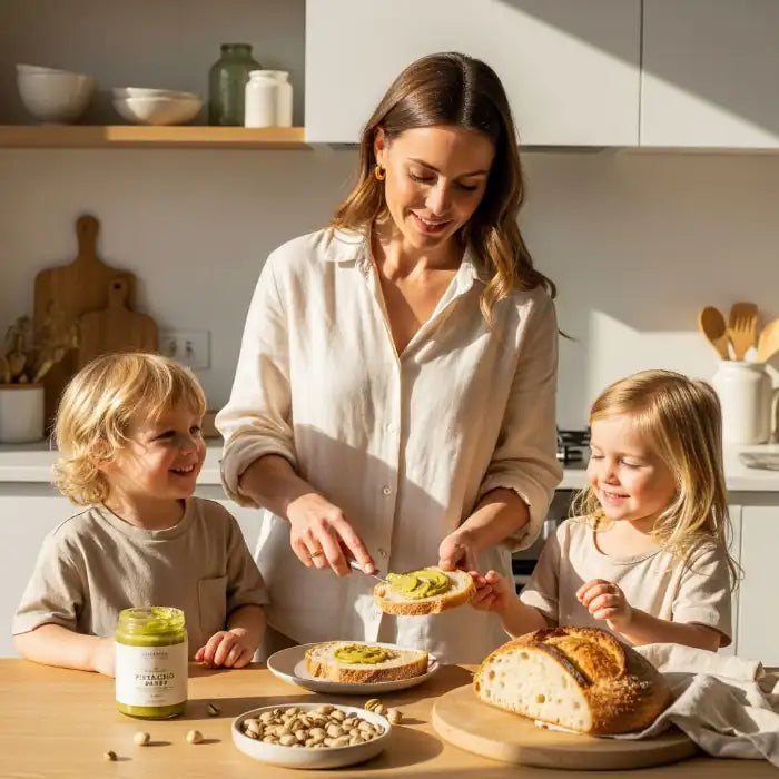Mother preparing toast with Nuttinosh pistachio butter while children watch at the kitchen table