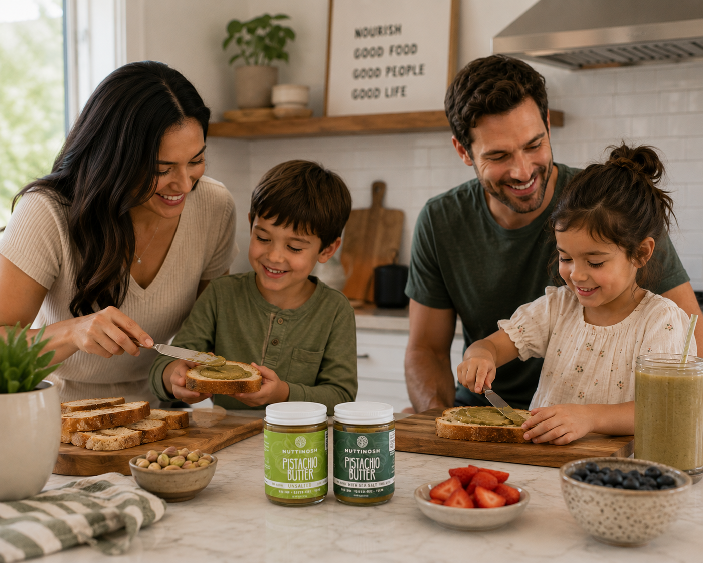 Family enjoying Nuttinosh Pistachio Butter with snacks at the table