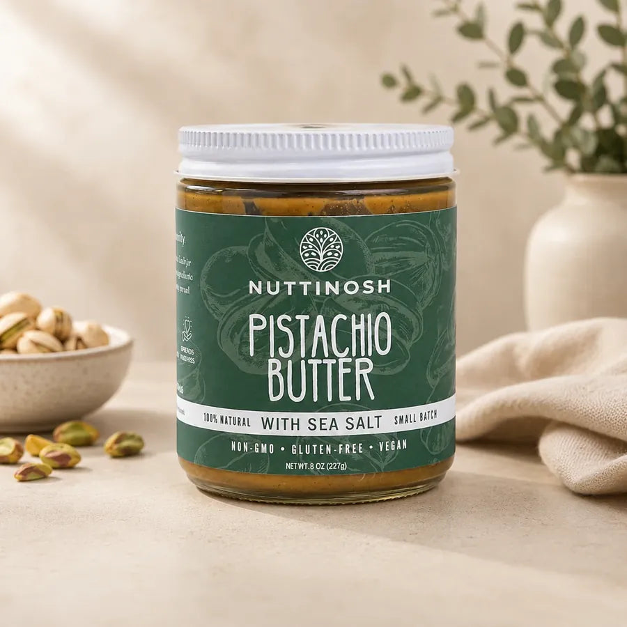 Nuttinosh pistachio butter with sea salt in a glass jar with a metal lid