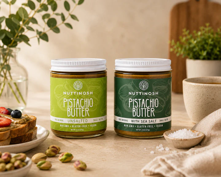 Nuttinosh Pistachio Butter jars on a table with pistachios