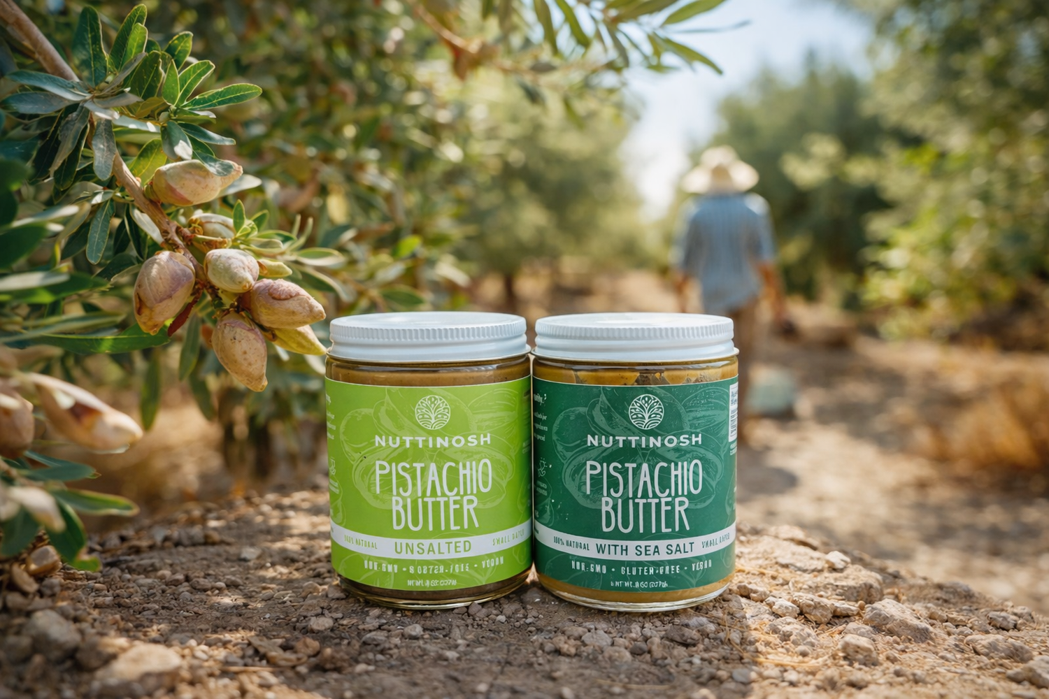 Nuttinosh Pistachio Butter jars displayed outdoors with pistachios