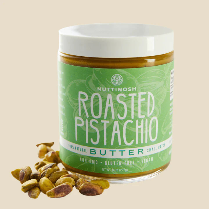 Nuttinosh Roasted Pistachio Butter 8 oz jar with pistachios