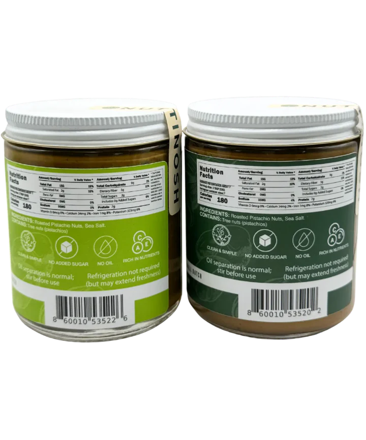 Nutrition facts for Nuttinosh Roasted and Sea Salt Pistachio Butter jars